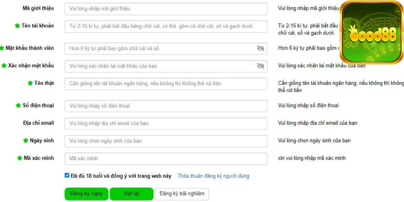 Thông tin cần có khi đăng ký GOOD88